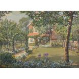 Ellis Martin (19th - 20th Century) British. A Garden Scene, with a House Beyond, Oil on Board,