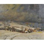 J... Swinnen (20th Century) Dutch. A Snow Covered Landscape, with a Distant Village, Oil on Board,