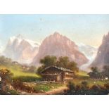 19th Century Swiss School. A Mountainous Landscape, with a Chalet, Oil on Board, Indistinctly