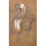 19th Century French School. Two Ladies Grieving, Watercolour and Pencil, Indistinctly Signed,