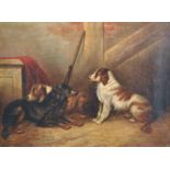 George Armfield (1808-1893) British. An Interior Scene with Three Spaniels and a Gun, Oil on Canvas,