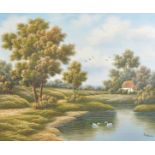 P... Kleven (20th Century) Dutch. A River Landscape, with Swans in a Pond, Oil on Canvas, Signed,