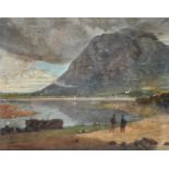 19th Century English School. A Mountainous River Landscape, with Figures in the foreground, Oil on