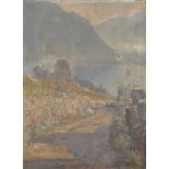 19th - 20th Century English School. A Mountainous River Landscape, with Lake Geneva in the distance,