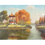 20th Century Chinese School. A River Landscape, with Figures in a Pagoda, Oil on Unstretched Canvas,