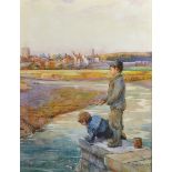 H... Schroder (19th - 20th Century) German. A River Landscape, with Two Young Boys Fishing,