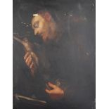 19th Century Spanish School. A Praying Monk with a Crucifix, Oil on Canvas, Unframed, 32.5" x 25".