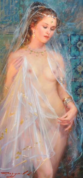 Konstantin Razumov (1974- ) Russian. "Odalisque with a White Veil", Oil on Canvas, Signed, and