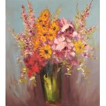 20th Century English School. Still Life of Flowers in a Green Vase, Oil on Canvas, Indistinctly