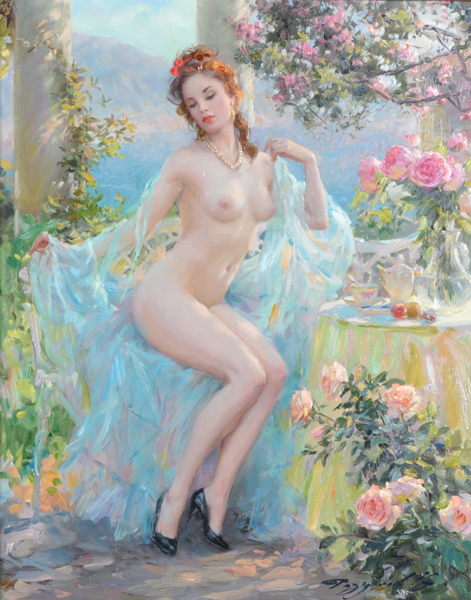Konstantin Razumov (1974- ) Russian. "In the Arbour Near the Sea", a Naked Lady, Seated on a