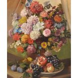 Leopold Van Stoll (1808-1889) Dutch. Still Life of Flowers in an Urn, Fruit in a Bowl on a Stone