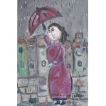 Dora Holzhandler (1928-2015) French/British. A Girl in the Street holding an Umbrella in the Rain,