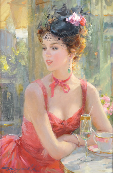 Konstantin Razumov (1974- ) Russian. "An Elegant Lady Dressed in Red with a Floral Hat", Oil on