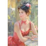 Konstantin Razumov (1974- ) Russian. "An Elegant Lady Dressed in Red with a Floral Hat", Oil on