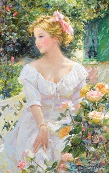 Konstantin Razumov (1974- ) Russian. "The Aroma of Roses", a Young Lady Seated in a Garden, Oil on