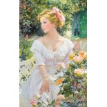 Konstantin Razumov (1974- ) Russian. "The Aroma of Roses", a Young Lady Seated in a Garden, Oil on