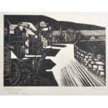 Florence M Green (1927-2014) British. "Newlyn, to the Harbour", Woodcut, Signed and Inscribed,