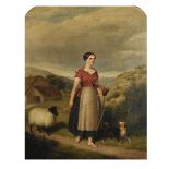 J... A... Stewart (19th Century) British. A Landscape with a Farm Girl Leading a Sheep, with a Dog