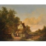 Early 19th Century English School. A River Landscape, with a Musician and Dog, in Conversation