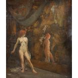 19th Century French School. A Naked Girl, Looking in a Mirror, Oil on Paper, Unframed, 28.5" x 24".