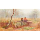 Benjamin D... Sigmund (1857-1947) British. A Forrest Scene, with Two Girls by a Wooden Gate,