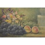 E... Adams (19th - 20th Century) British. A Still Life of Fruit, and Flowers in a Vase, Oil on