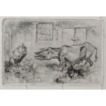 19th Century English School. A Pig and a Cockerel in a farm Scene, Etching, 3" x 4.75".