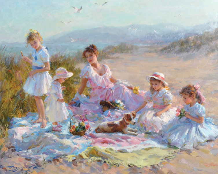 Konstantin Razumov (1974- ) Russian. "Afternoon at the Seaside", a Mother with Four Children