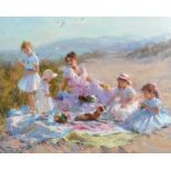 Konstantin Razumov (1974- ) Russian. "Afternoon at the Seaside", a Mother with Four Children