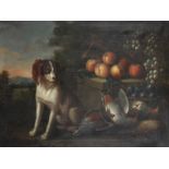 18th Century Dutch School. Study of a Dog, with Dead Game and Fruit on a Stone Ledge, Oil on Canvas,