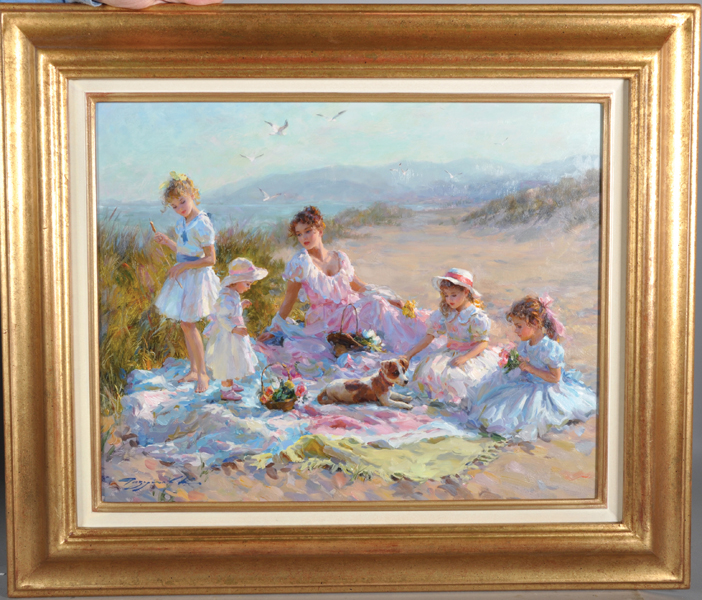 Konstantin Razumov (1974- ) Russian. "Afternoon at the Seaside", a Mother with Four Children - Image 2 of 7