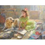 Konstantin Razumov (1974- ) Russian. "In My Father's Studio", a Young Girl Painting Her Dog, Oil