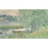 Block (19th - 20th Century) Belgian. A River Landscape, with a Figure in a Punt, Oil on Canvas,