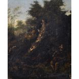 18th Century Dutch School. A Figure playing a Pipe, in a Woodland Setting, Oil on Panel, 9.5" x 8".