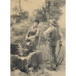 After Leon L'Hermitte (1844-1925) French. Figures by a Watering Hole, Engraving, 14.75" x 10.75".