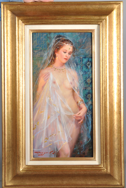 Konstantin Razumov (1974- ) Russian. "Odalisque with a White Veil", Oil on Canvas, Signed, and - Image 2 of 5