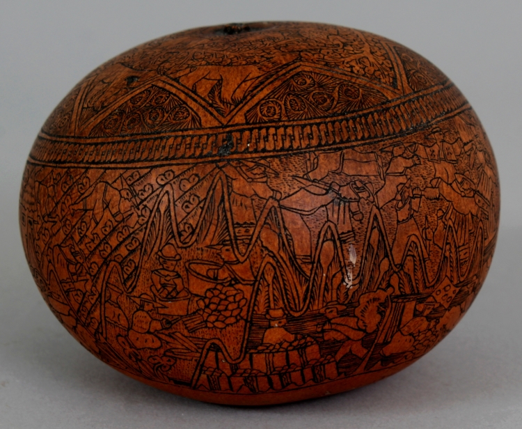 AN UNUSUAL 19TH CENTURY ENGRAVED PERSIAN GOURD, decorated in black engraving with elaborate detailed - Image 2 of 8