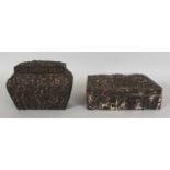 TWO EARLY 20TH CENTURY JAPANESE SILVERED METAL BOXES & COVERS, each decorated with bamboo, one of