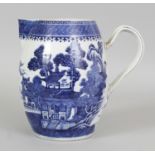 AN 18TH CENTURY CHINESE QIANLONG PERIOD BLUE & WHITE PORCELAIN CIDER JUG, painted with a river