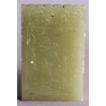 A CHINESE CELADON JADE RECTANGULAR PENDANT, 2.25in x 1.4in.