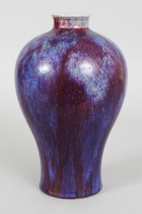 A GOOD QUALITY CHINESE FLAMBE GLAZED MEIPING PORCELAIN VASE, the sides applied with a streaked - Image 2 of 6