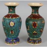 A SMALL PAIR OF SIGNED JAPANESE TOTAI CLOISONNE ON EARTHENWARE VASES, circa 1900, each vase