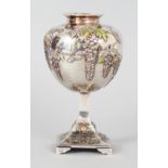 A GOOD QUALITY SIGNED JAPANESE MEIJI PERIOD ENAMELLED SILVER-METAL VASE, weighing 325gm, the ovoid