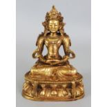 A GOOD QUALITY CHINESE GILT BRONZE FIGURE OF AMITAYUS BUDDHA, seated in dhyanasana on a double lotus