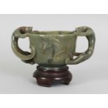 ANOTHER GOOD CHINESE DARK GREEN JADE CHILONG TWO-HANDLED CUP, possibly 17th/18th Century, together