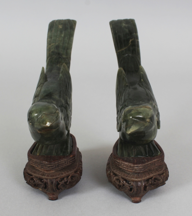 A PAIR OF EARLY 20TH CENTURY CHINESE SPINACH GREEN JADE MODELS OF GOLDEN PHEASANTS, together with - Image 2 of 7