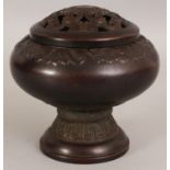 AN UNUSUALLY SHAPED CHINESE CIRCULAR BRONZE CENSER & COVER, weighing 3.59Kg, the base with a