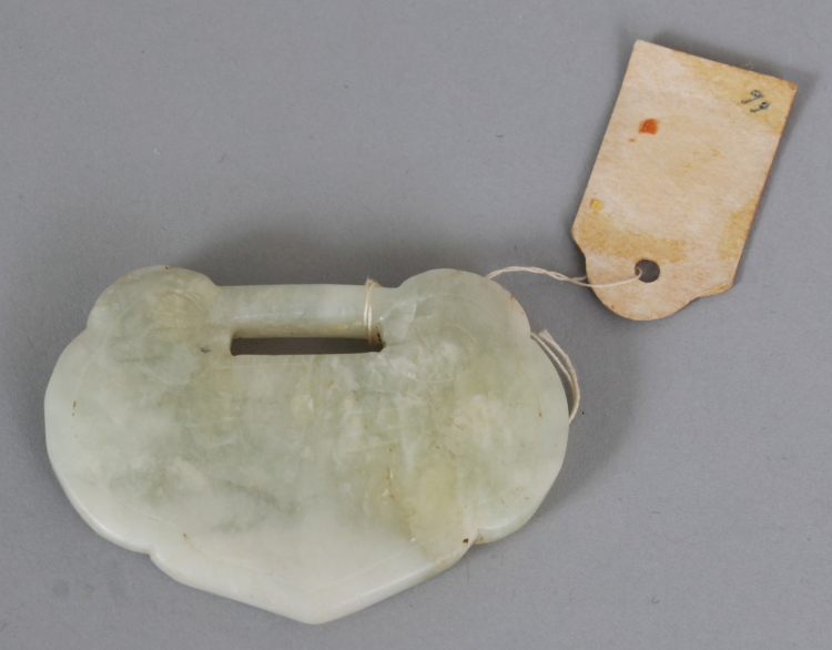 A 19TH/20TH CENTURY CHINESE RUYI FORM JADE PENDANT, with incised characters, 2.25in wide & 1.6in - Image 2 of 3