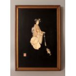 A FRAMED JAPANESE MEIJI PERIOD IVORY & MOTHER-OF-PEARL ONLAID LACQUERED WOOD PLAQUE, decorated