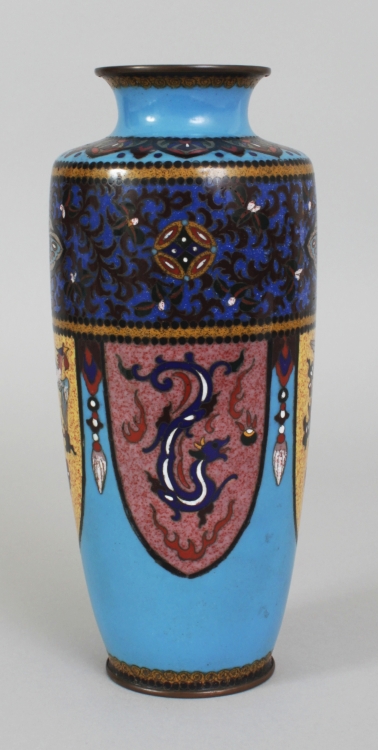 A JAPANESE MEIJI PERIOD BLUE GROUND CLOISONNE VASE, decorated with alternating dependent lappet - Image 2 of 7